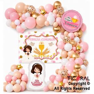 SET DE GLOBOS ARCO XL PRIMERA COMUNION ROSA 80 UNIDADES XY-287
